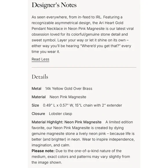 Kendra Scott Ari Heart Gold Tone Pendant Necklace Neon Pink Magnesite 15-17 Inch - Picture 3 of 8